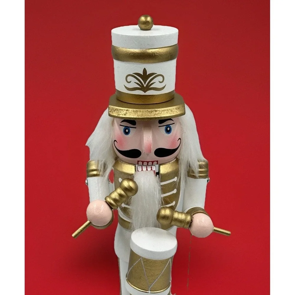 Musical Nutcracker Drummer 14in Gold White Christmas Decor